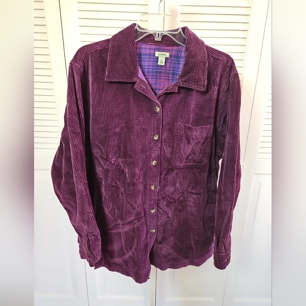 LL Bean Womens Button-Up Long Sleeve Corduroy Purple Lined Shacket Large